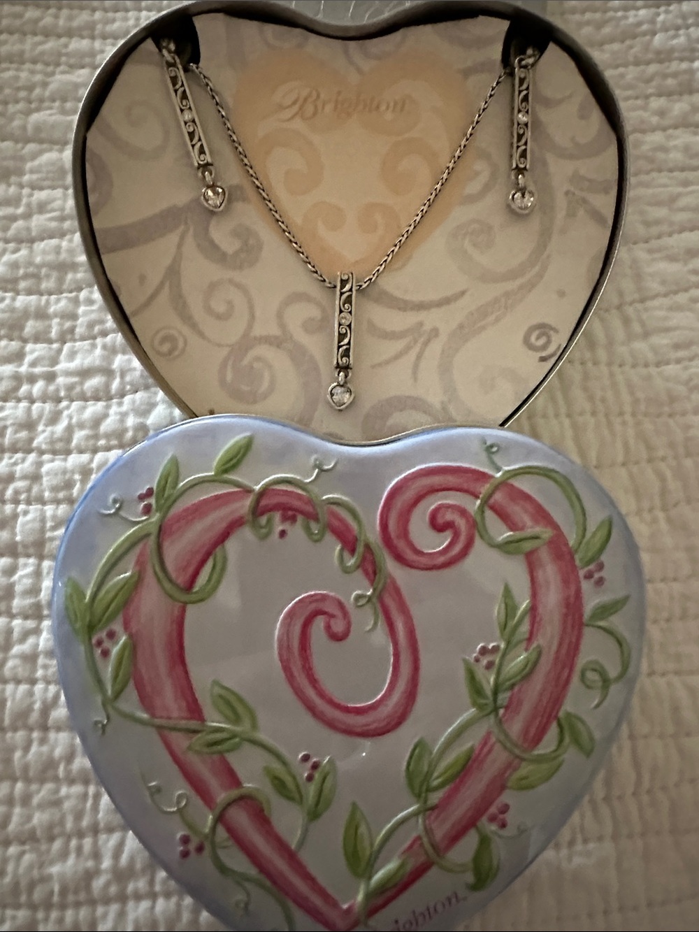 Brighton Silver Pendant Necklace and earrings with Tin Heart Box
